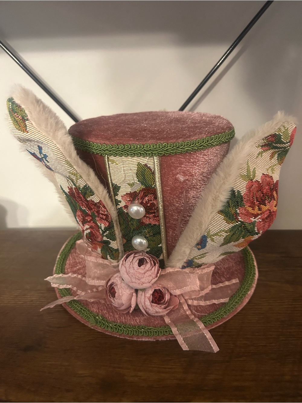 Pink Velvet Floral Mini Top Hat with Ribbon Roses